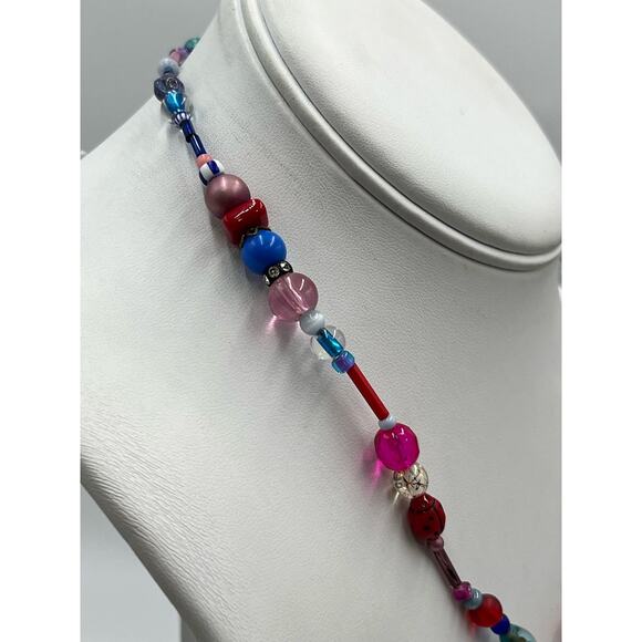 Designer Signed Artisan Evil Eye Multicolor Red Blue Glass Resin Necklace - Picture 2 of 8